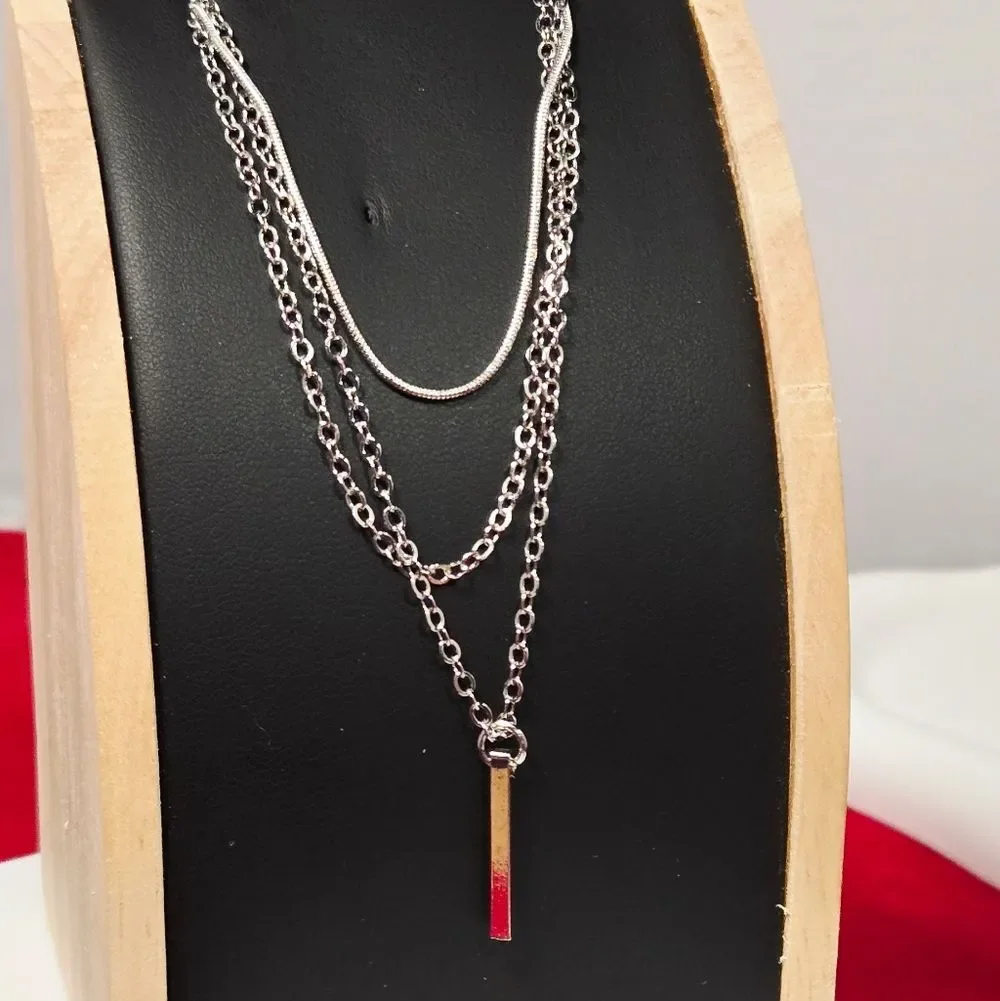 Sleek Silver Bar Pendant Multi-Layer Necklace Snake & Cable Chains Stacked NWT